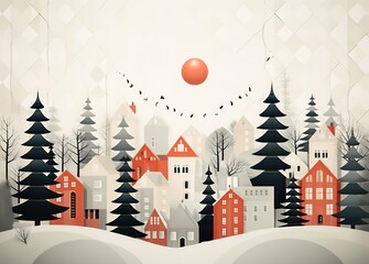 Sticker - winter landscape with houses