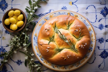 Wall Mural - Traditional Greek Easter bread Tsoureki captured in a close-up image, elegantly placed on a table decorated with olive branches and colorful spring blooms