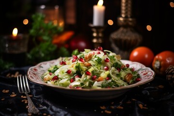 Wall Mural - salad in a plate against the backdrop of a New Year's atmosphere