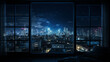 Background of a cityscape skyline showing the city with bright lights out of a modern window