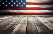 Empty wooden deck table and wooden plank background in USA flag