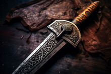 Viking sword, rugged and battle-worn, lying against a wooden shield, Norse runes etched into the blade, a glimpse into the warrior's journey.