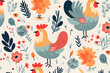 Colorful pattern with chickens and floral elements