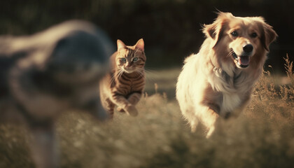 Canvas Print - Playful puppy and curious kitten enjoy summer meadow with retriever generated by AI