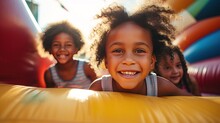 Group Of African American Curly Cute Smiling Children On Inflatable Bright Colored Playground On Inflatable Trampoline AI