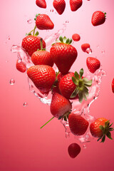 Canvas Print - Fresh strawberries falling into water with splash and drops on pink background.