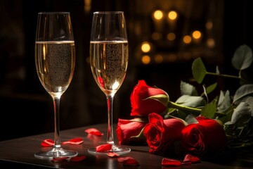 Wall Mural - Champagne in the romantic atmosphere of lovers. Background with selective focus and copy space