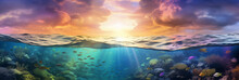Long Banner With Underwater World And Vivid Sunset Sky. Transparent Deep Water Of The Ocean Or Sea With Rocks, Fish And Plants.