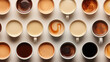 Different shades of coffee with milk. From black coffee to milky coffee. Different coffee beverages on white bacground. Cups of hot drinks on white desk top view