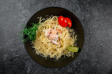 Sticker - Pasta carbonara with shrimp in dark plate