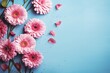 style lay Fl border Floral view top table pastel blue flowers pink spring Beautiful flower blossom 8 march woman birthday wedding mother day gerbera bouquet background desk fashion holiday greeting