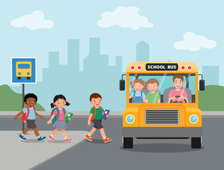 Poster - Group kids students boys and girls go to school entering school bus