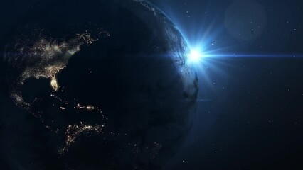 looped video repeating endlessly. surface of planet earth, view from space. night on the planet with