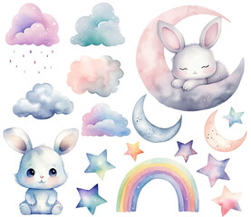 Watercolor bunny, sleeping rabbit. Set of vector hand drawn nursery elements rainbow moon, stars, wall stickers.