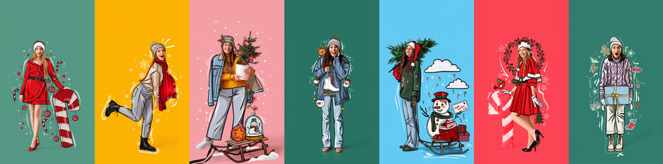 Wall Mural - Collage of beautiful young women with Christmas trees, gifts, sledge and ice skates on color background