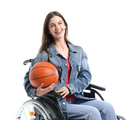 Wall Mural - Young woman in wheelchair with ball on white background