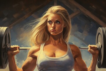 Poster - Very muscular fitness woman lifting a heavy barbell