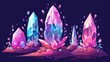 Flat Illustration of vibrant crystals in pink, blue, and purple hues on dark purple-indigo background. Ideal for fantasy or science fiction theme, background, wallpaper, album or book cover