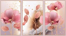 Pink Flowers And Gold Splatter Triptych. Pink Sakura Flowers With Gold Leaves And Sparkles. Watercolor Illustration. Ideal For Home Decor Or As A Background For Invitations Or Cards