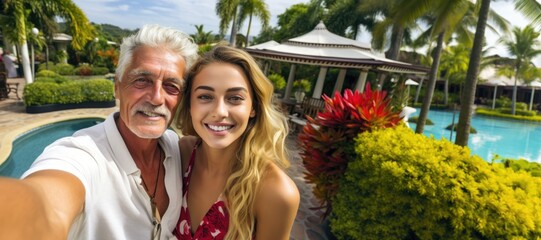 Wall Mural - Happy Old wealthy rich man posing with his gorgeous young girlfriend at a luxurious tropical resort taking a selfie looking at the camera