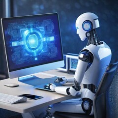 Robot Android Computer Laptop Office communication. A robot sits at a futuristic desk with a computer, blue lighting, and a laptop. Working on the keyboard
