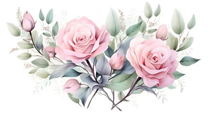 Wall Mural - Watercolor illustration of pink roses and a bouquet of blush and mint florals isolated on a white background,