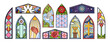 Stained glass windows of church or medieval palace set vector illustration. Cartoon isolated mosaic arch collection with spirit symbols of christian religion and fantasy spiritual pattern with flowers