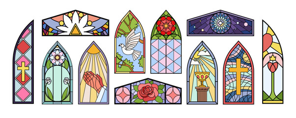 Stained glass windows of church or medieval palace set vector illustration. Cartoon isolated mosaic arch collection with spirit symbols of christian religion and fantasy spiritual pattern with flowers