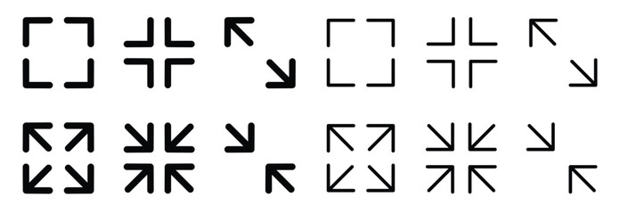 Full screen icons set vector.Full screen icon set. Maximize and minimize. Video size. Screen size.Full size screen icon on white background.Vector illustration