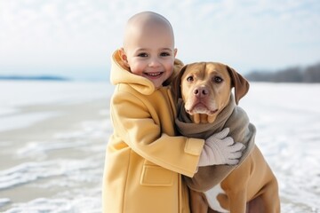 Youn girl with cancer without hair walking with dog friend on beach