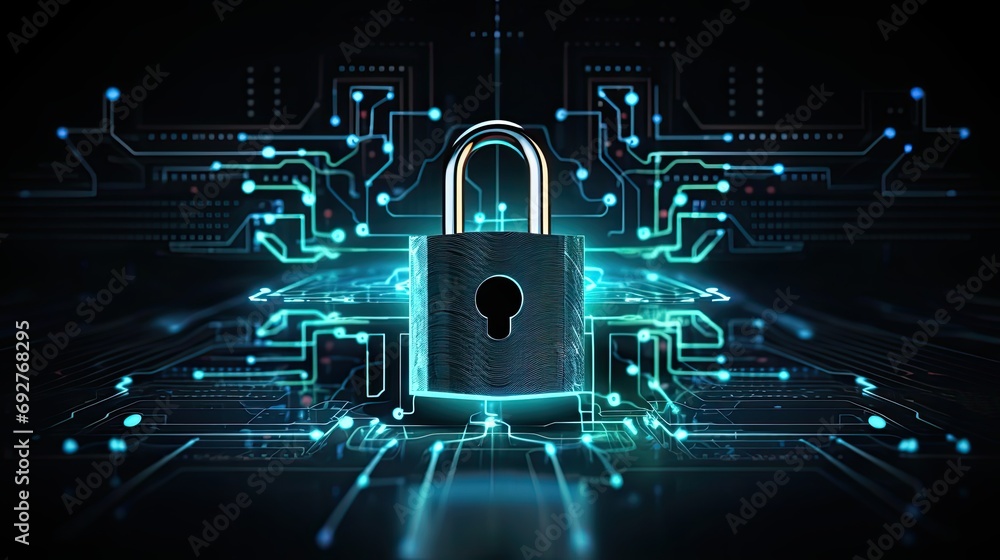 digital padlock with virtual screen on dark background Stock ...