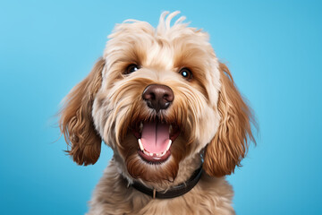 Adorable fluffy dog isolated on blue background, ai generated