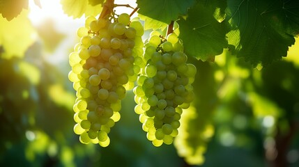 Wall Mural - Fresh green grapes hanging in a vineyard.