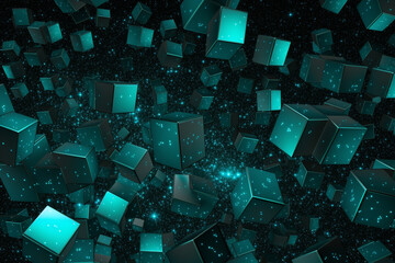 Wall Mural - A 3D array of geometric tessellations in hues of turquoise and silver, creating an optical illusion against a background reminiscent of a starry sky.