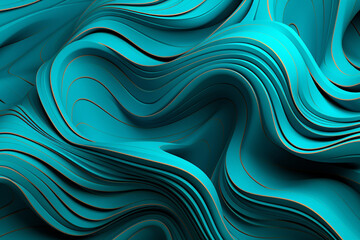 Wall Mural - A 3D composition of intricate geometric patterns in a blend of turquoise and platinum, creating a mesmerizing design against a background resembling flowing water.