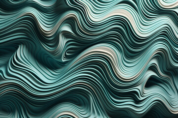 Wall Mural - A 3D composition of intricate geometric patterns in a blend of turquoise and platinum, forming a mesmerizing design against a background resembling flowing water.