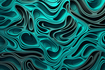 Wall Mural - A 3D composition of intricate geometric patterns in a blend of turquoise and platinum, creating a mesmerizing design against a background resembling flowing water.