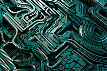 Wall Mural - A 3D composition of intricate geometric patterns in a blend of turquoise and platinum, forming a mesmerizing design against a background resembling flowing water.