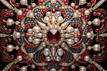 Wall Mural - A 3D display of geometric patterns in a blend of ruby and topaz, intricately layered against a backdrop reminiscent of an opalescent pearl.