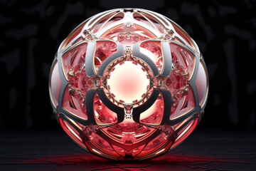 Wall Mural - A 3D display of geometric patterns in a blend of ruby and topaz, intricately layered against a backdrop reminiscent of an opalescent pearl.