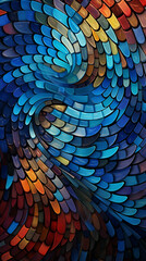 Wall Mural - A captivating 3D mosaic with intricate color contrasts and dynamic patterns, resized to a 916 aspect ratio against a deep ocean blue background.