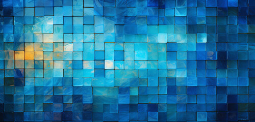 Wall Mural - A captivating 3D mosaic with intricate color contrasts and dynamic patterns against a deep ocean blue background.