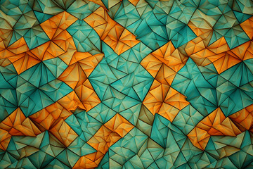 Wall Mural - A complex array of geometric tessellations in vibrant hues of tangerine and mint, creating an intricate pattern against a background resembling a tropical paradise.