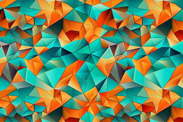 Wall Mural - A complex array of geometric tessellations in vibrant hues of tangerine and mint, creating an intricate pattern against a background resembling a tropical paradise.