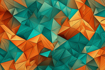 Wall Mural - A complex array of geometric tessellations in vibrant hues of tangerine and mint, forming an intricate pattern against a background resembling a tropical paradise.