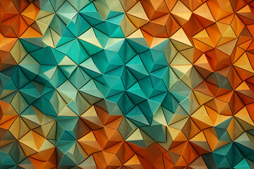 Wall Mural - A complex array of geometric tessellations in vibrant hues of tangerine and mint, forming an intricate pattern against a background resembling a tropical paradise.