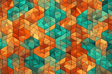 Wall Mural - A complex array of geometric tessellations in vibrant hues of tangerine and mint, forming an intricate pattern against a background resembling a tropical paradise.