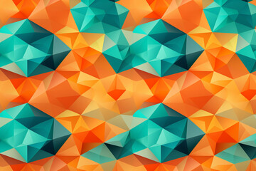 Wall Mural - A complex array of geometric tessellations in vibrant hues of tangerine and mint, forming an intricate pattern against a background resembling a tropical paradise.