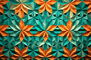 Wall Mural - A complex array of geometric tessellations in vibrant hues of tangerine and mint, creating an intricate pattern against a background resembling a tropical paradise.