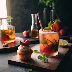 Wall Mural - Strawberry cocktail with cup cake AI Generative